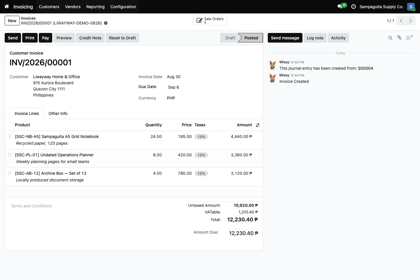 Posted customer invoice INV/2026/00001 in PHP with sales order S00004 as its source