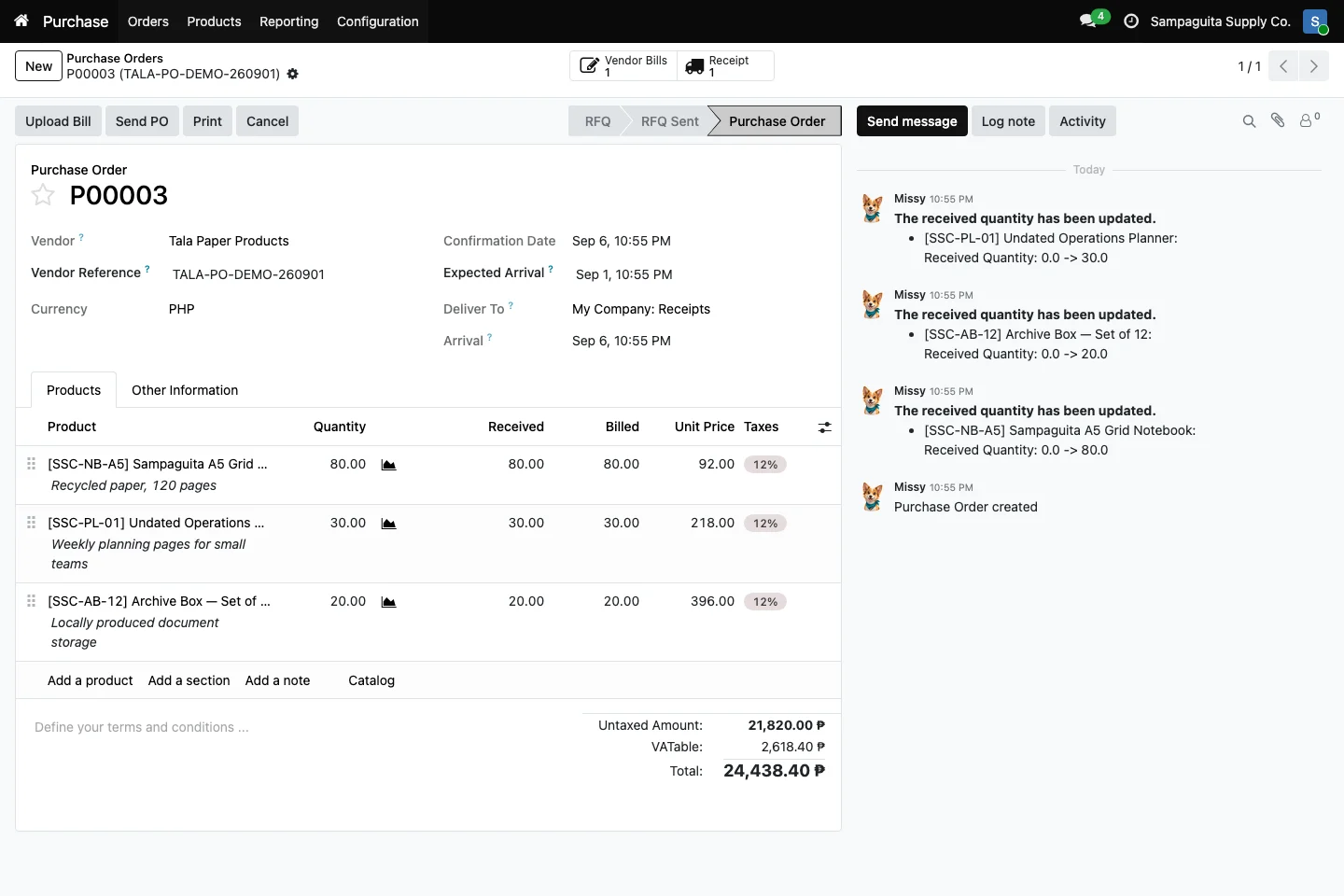 Confirmed purchase order P00003 with received and billed quantities and linked Receipt and Vendor Bills buttons
