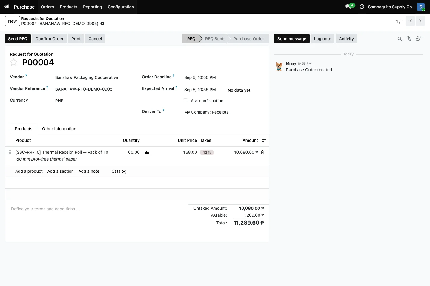 Request for quotation P00004 with a fictional supplier, product line, PHP price, tax, and expected arrival