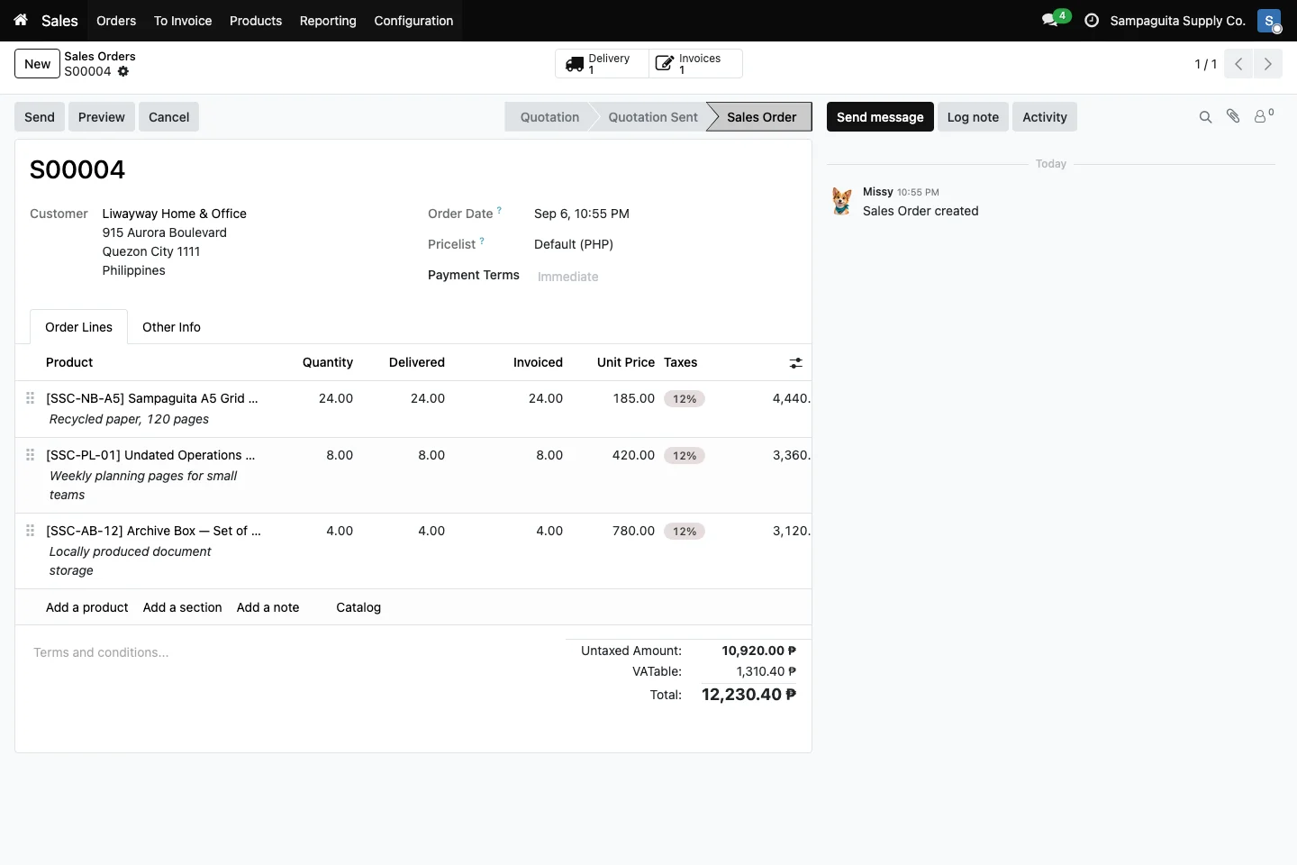 Confirmed sales order S00004 with delivered and invoiced quantities and linked Delivery and Invoices buttons