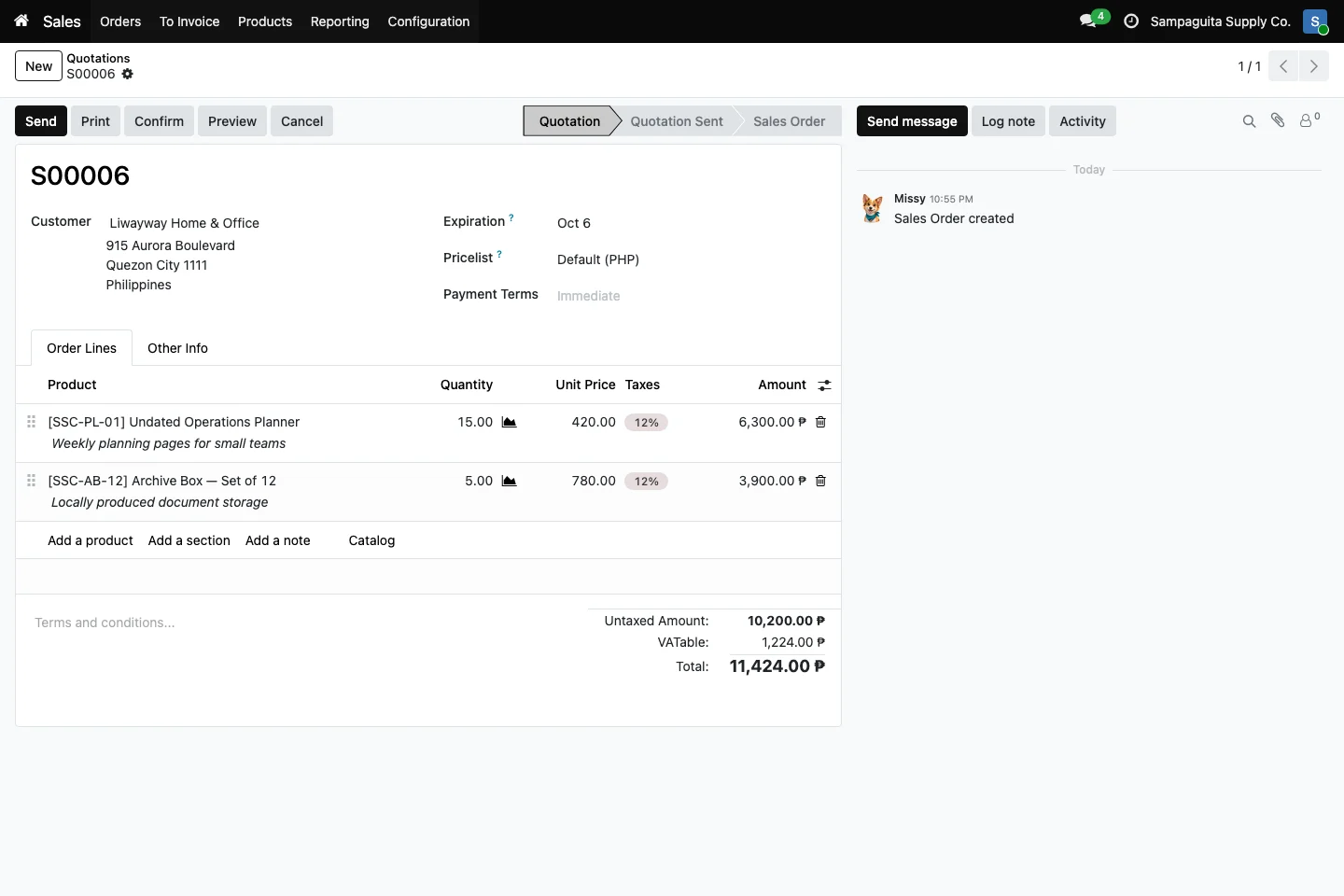 Quotation S00006 with a fictional customer, two product lines, PHP prices, and taxes